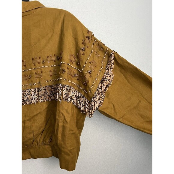 VTG Linen Beaded Cropped Oversized Jacket Mustard ButtonUp Cowgirl Boho Western - Picture 7 of 15